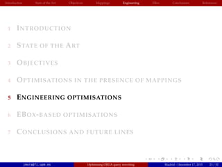 Introduction State of the Art Objectives Mappings Engineering EBox Conclusions References
1 INTRODUCTION
2 STATE OF THE ART
3 OBJECTIVES
4 OPTIMISATIONS IN THE PRESENCE OF MAPPINGS
5 ENGINEERING OPTIMISATIONS
6 EBOX-BASED OPTIMISATIONS
7 CONCLUSIONS AND FUTURE LINES
jmora@fi.upm.es Optimising OBDA query rewriting Madrid - December 17, 2015 23 / 52
 