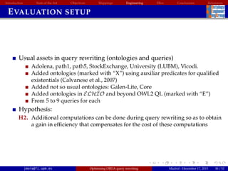 Introduction State of the Art Objectives Mappings Engineering EBox Conclusions References
EVALUATION SETUP
Usual assets in query rewriting (ontologies and queries)
Adolena, path1, path5, StockExchange, University (LUBM), Vicodi.
Added ontologies (marked with “X”) using auxiliar predicates for qualiﬁed
existentials (Calvanese et al., 2007)
Added not so usual ontologies: Galen-Lite, Core
Added ontologies in ELHIO and beyond OWL2 QL (marked with “E”)
From 5 to 9 queries for each
Hypothesis:
H2. Additional computations can be done during query rewriting so as to obtain
a gain in efﬁciency that compensates for the cost of these computations
jmora@fi.upm.es Optimising OBDA query rewriting Madrid - December 17, 2015 30 / 52
 