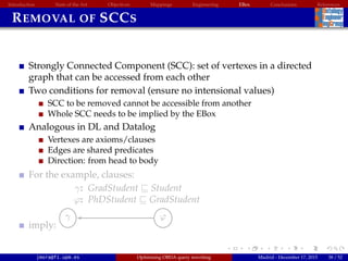 Introduction State of the Art Objectives Mappings Engineering EBox Conclusions References
REMOVAL OF SCCS
Strongly Connected Component (SCC): set of vertexes in a directed
graph that can be accessed from each other
Two conditions for removal (ensure no intensional values)
SCC to be removed cannot be accessible from another
Whole SCC needs to be implied by the EBox
Analogous in DL and Datalog
Vertexes are axioms/clauses
Edges are shared predicates
Direction: from head to body
For the example, clauses:
γ: GradStudent Student
ϕ: PhDStudent GradStudent
imply:
γ ϕ
jmora@fi.upm.es Optimising OBDA query rewriting Madrid - December 17, 2015 38 / 52
 