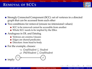 Introduction State of the Art Objectives Mappings Engineering EBox Conclusions References
REMOVAL OF SCCS
Strongly Connected Component (SCC): set of vertexes in a directed
graph that can be accessed from each other
Two conditions for removal (ensure no intensional values)
SCC to be removed cannot be accessible from another
Whole SCC needs to be implied by the EBox
Analogous in DL and Datalog
Vertexes are axioms/clauses
Edges are shared predicates
Direction: from head to body
For the example, clauses:
γ: GradStudent Student
ϕ: PhDStudent GradStudent
imply:
γ ϕ
jmora@fi.upm.es Optimising OBDA query rewriting Madrid - December 17, 2015 38 / 52
 