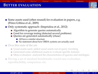 Introduction State of the Art Objectives Mappings Engineering EBox Conclusions References
BETTER EVALUATION
Some assets used (often reused) for evaluation in papers, e.g.
(P´erez-Urbina et al., 2009)
Only systematic approach: (Imprialou et al., 2012)
Algorithm to generate queries automatically
Good for coverage testing (detected several problems)
Queries are generated automatically (chase)
All have a similar structure
No statement about how OBDA systems are actually used
Over this state of the art:
Usual assets used, added usual assets out of query rewriting
Generated some additional assets to evaluate speciﬁc features
Meta-evaluation: analysed the characteristics of queries and ontologies
Having a set of standard benchmarks would ease evaluation,
reproducibility, comparison, etc.
jmora@fi.upm.es Optimising OBDA query rewriting Madrid - December 17, 2015 50 / 52
 