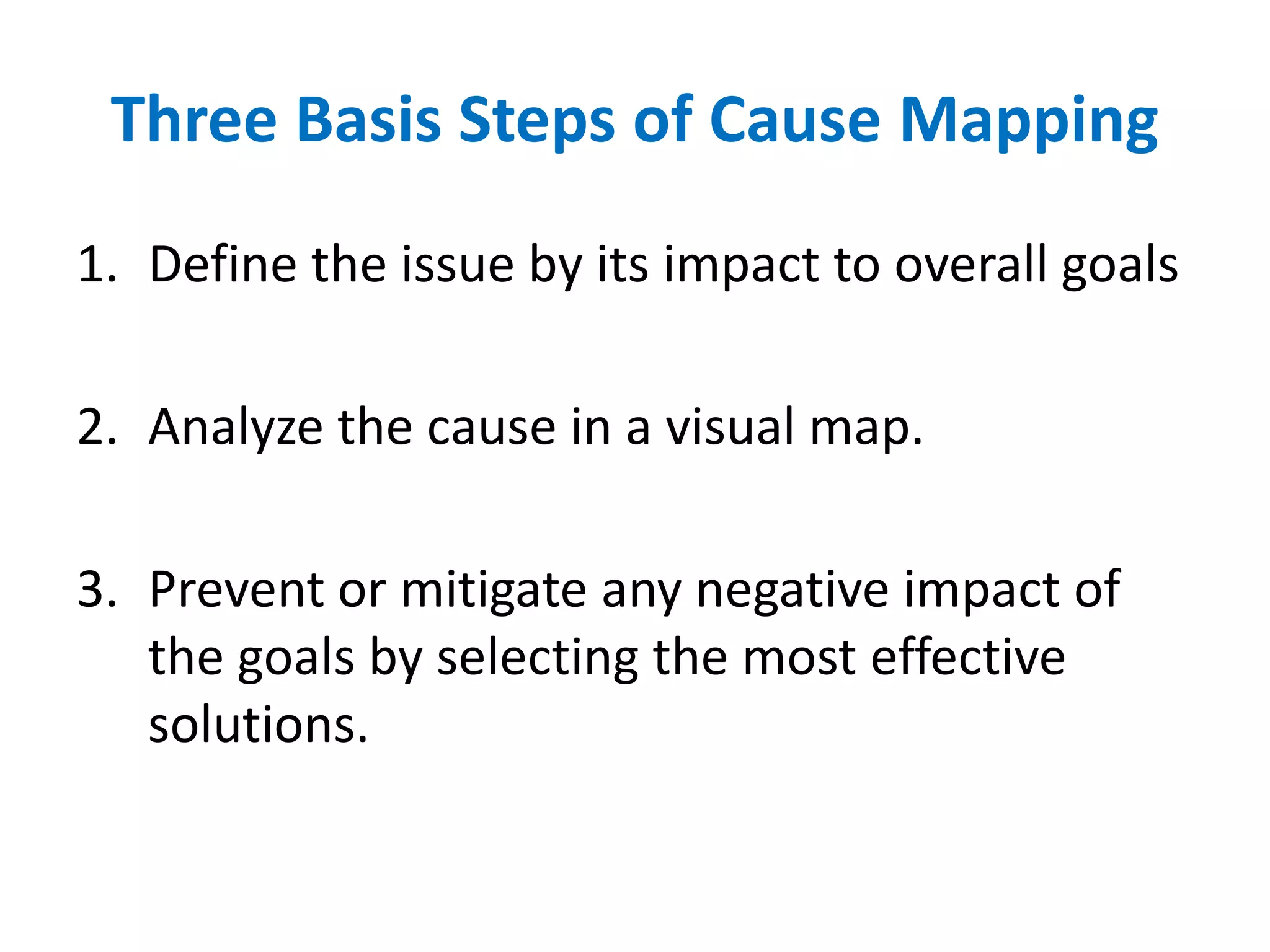 Three Basis Steps of Cause Mapping
1. Define the issue by its impact to overall goals
2. Analyze the cause in a visual map.
3. Prevent or mitigate any negative impact of
the goals by selecting the most effective
solutions.
 