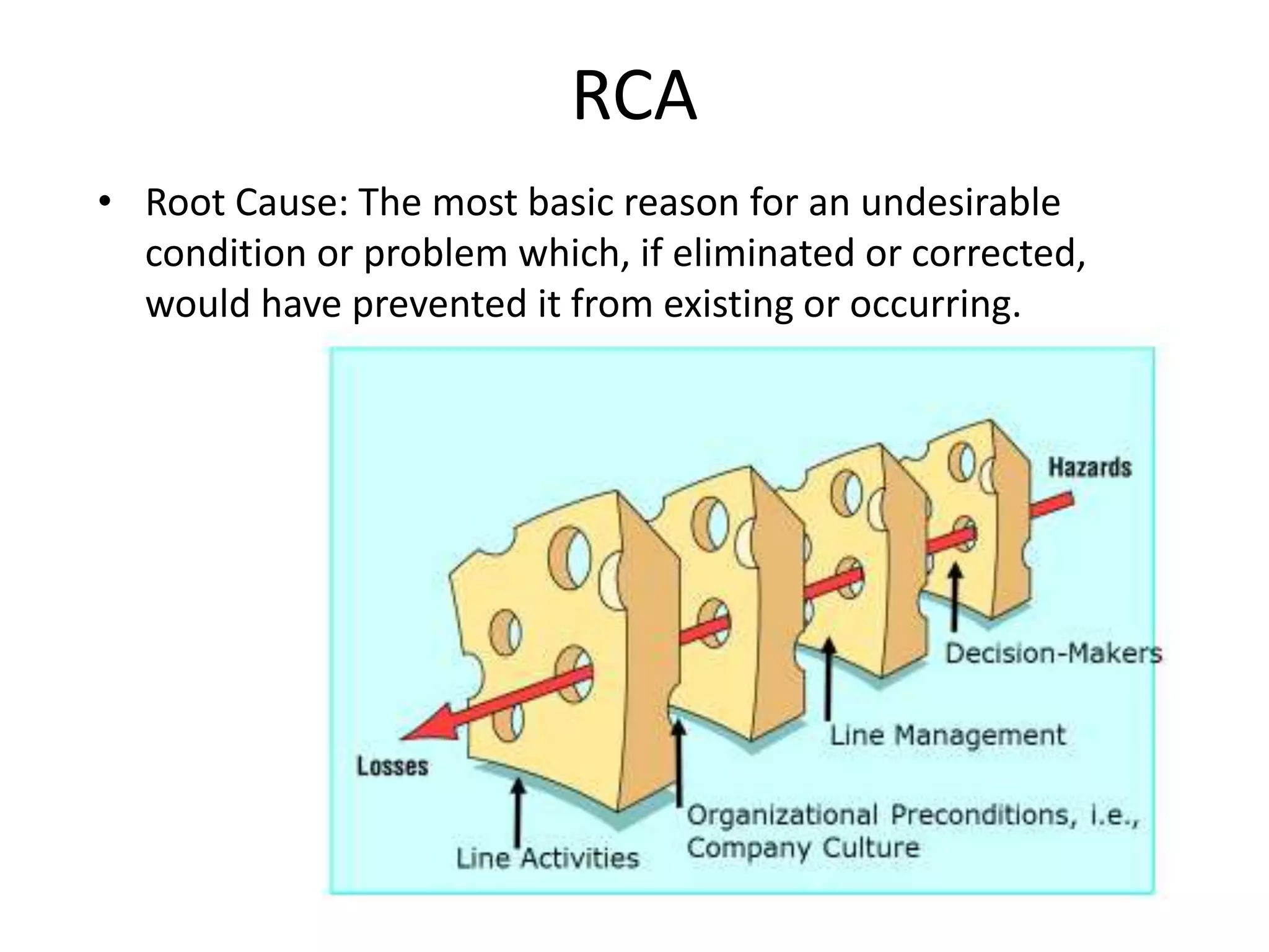 RCA
• Root Cause: The most basic reason for an undesirable
condition or problem which, if eliminated or corrected,
would have prevented it from existing or occurring.
 