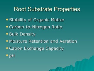 Root Substrate Properties Stability of Organic Matter Carbon-to-Nitrogen Ratio Bulk Density Moisture Retention and Aeration  Cation Exchange Capacity  pH 