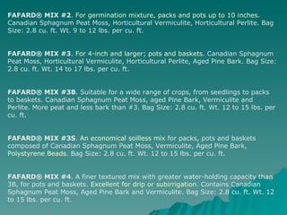 FAFARD® MIX #2 .  For germination mixture, packs and pots up to 10 inches.  Canadian Sphagnum Peat Moss, Horticultural Vermiculite, Horticultural Perlite. Bag Size: 2.8 cu. ft. Wt. 9 to 12 lbs. per cu. ft. FAFARD® MIX #3 .  For 4-inch and larger; pots and baskets . Canadian Sphagnum Peat Moss, Horticultural Vermiculite, Horticultural Perlite, Aged Pine Bark. Bag Size: 2.8 cu. ft. Wt. 14 to 17 lbs. per cu. ft. FAFARD® MIX #3B . Suitable for a wide range of crops, from seedlings to packs to baskets. Canadian Sphagnum Peat Moss, aged Pine Bark, Vermiculite and Perlite. More peat and less bark than #3. Bag Size: 2.8 cu. ft. Wt. 12 to 15 lbs. per cu. ft. FAFARD® MIX #3S .  An economical soilless mix  for packs, pots and baskets composed of Canadian Sphagnum Peat Moss, Vermiculite, Aged Pine Bark,  Polystyrene Beads . Bag Size: 2.8 cu. ft. Wt. 12 to 15 lbs. per cu. ft. FAFARD® MIX #4 . A finer textured mix with greater water-holding capacity than 3B, for pots and baskets.  Excellent for drip or subirrigation . Contains Canadian Sphagnum Peat Moss, Aged Pine Bark and Vermiculite. Bag Size: 2.8 cu. ft. Wt. 12 to 15 lbs. per cu. ft. 