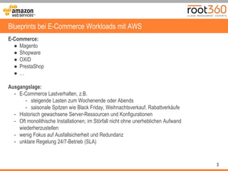 3
Blueprints bei E-Commerce Workloads mit AWS
E-Commerce:
● Magento
● Shopware
● OXID
● PrestaShop
● …
Ausgangslage:
- E-Commerce Lastverhalten, z.B.
- steigende Lasten zum Wochenende oder Abends
- saisonale Spitzen wie Black Friday, Weihnachtsverkauf, Rabattverkäufe
- Historisch gewachsene Server-Ressourcen und Konfigurationen
- Oft monolithische Installationen; im Störfall nicht ohne unerheblichen Aufwand
wiederherzustellen
- wenig Fokus auf Ausfallsicherheit und Redundanz
- unklare Regelung 24/7-Betrieb (SLA)
 