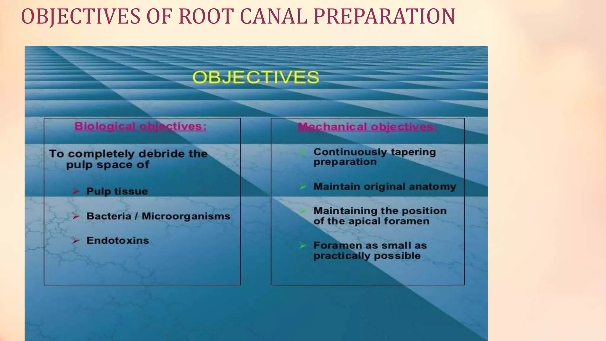 OBJECTIVES OF ROOT CANAL PREPARATION 
 