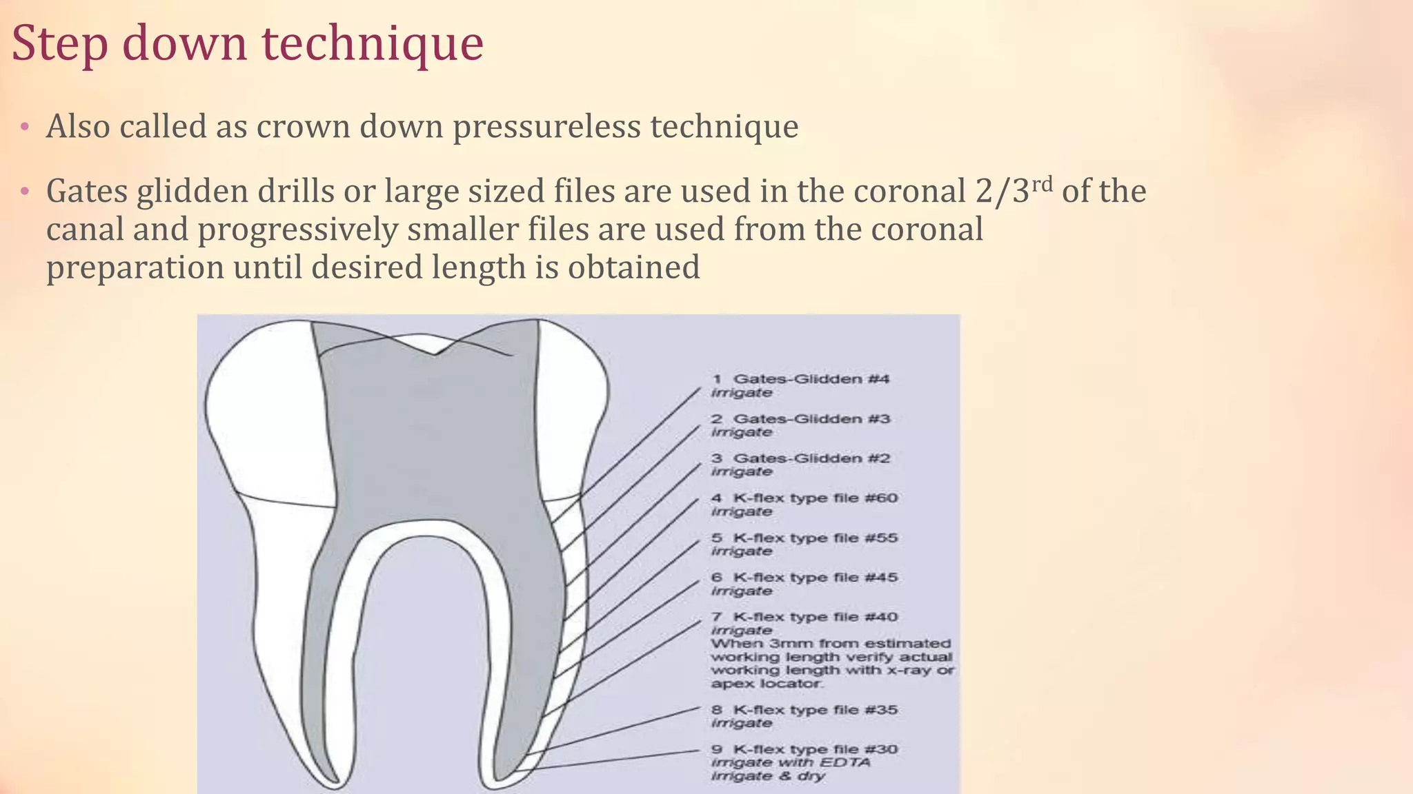 Step down technique 
• Also called as crown down pressureless technique 
• Gates glidden drills or large sized files are used in the coronal 2/3rd of the 
canal and progressively smaller files are used from the coronal 
preparation until desired length is obtained 
 