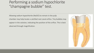 Performing a sodium hypochlorite
“champagne bubble” test.
Allowing sodium hypochlorite (NaOCl) to remain in the pulp
chamber may help locate a calcified root canal orifice. Tiny bubbles may
appear in the solution, indicating the position of the orifice. This is best
observed through magnification.
 