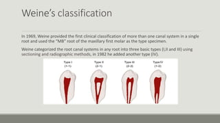 Weine’s classification
In 1969, Weine provided the first clinical classification of more than one canal system in a single
root and used the “MB” root of the maxillary first molar as the type specimen.
Weine categorized the root canal systems in any root into three basic types (I,II and III) using
sectioning and radiographic methods, in 1982 he added another type (IV).
 