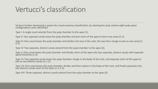 Vertucci’s classification
Vertucci further developed a system for canal anatomy classification, by staining the pulp cavities eight pulp space
configurations were identified:
Type I: A single canal extends from the pulp chamber to the apex (1).
Type II: Two separate canals leave the pulp chamber and join short of the apex to form one canal (2-1).
Type III: One canal leaves the pulp chamber and divides into two in the root; the two then merge to exit as one canal (1-
2-1).
Type IV: Two separate, distinct canals extend from the pulp chamber to the apex (2).
Type V: One canal leaves the pulp chamber and divides short of the apex into two separate, distinct canals with separate
apical foramina (1-2).
Type VI: Two separate canals leave the pulp chamber, merge in the body of the root, and separate short of the apex to
exit as two distinct canals (2-1-2).
Type VII: One canal leaves the pulp chamber, divides and then rejoins in the body of the root, and finally separates into
two distinct canals short of the apex (1-2-1-2).
Type VIII: Three separate, distinct canals extend from the pulp chamber to the apex (3).
 