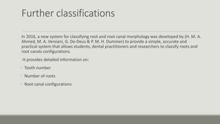 Further classifications
In 2016, a new system for classifying root and root canal morphology was developed by (H. M. A.
Ahmed, M. A. Versiani, G. De-Deus & P. M. H. Dummer) to provide a simple, accurate and
practical system that allows students, dental practitioners and researchers to classify roots and
root canals configurations.
-It provides detailed information on:
 Tooth number
 Number of roots
 Root canal configurations
 