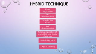 HYBRID TECHNIQUE
Canal
negotiation
Apical clearing
WL
determination
MAF
determination
Straight line
access
Rotary preparation of
the middle one thirds
of the root
Apical step back
 