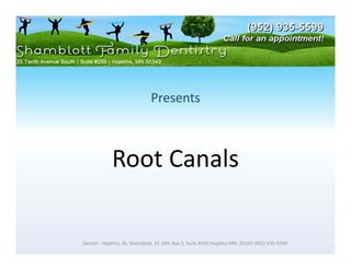Presents 



             Root Canals

Dentist ‐ Hopkins, Dr. Shamblott, 33 10th Ave S, Suite #250 Hopkins MN, 55343 (952) 935‐5599
 