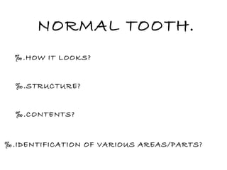 NORMAL TOOTH. ‰ .HOW IT LOOKS? ‰ .STRUCTURE? ‰ .CONTENTS? ‰ .IDENTIFICATION OF VARIOUS AREAS/PARTS? 