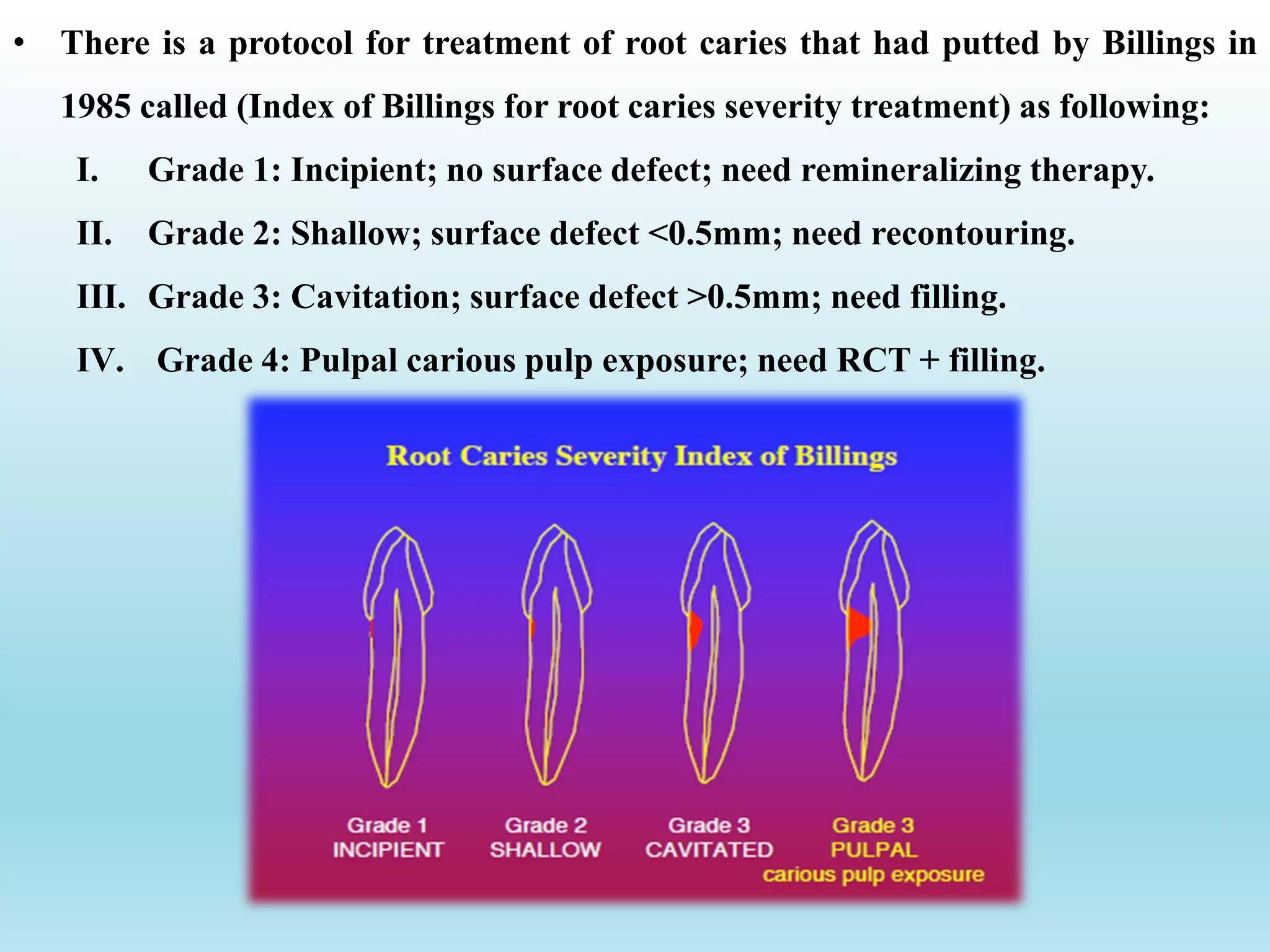 • There is a protocol for treatment of root caries that had putted by Billings in
1985 called (Index of Billings for root caries severity treatment) as following:
I. Grade 1: Incipient; no surface defect; need remineralizing therapy.
II. Grade 2: Shallow; surface defect <0.5mm; need recontouring.
III. Grade 3: Cavitation; surface defect >0.5mm; need filling.
IV. Grade 4: Pulpal carious pulp exposure; need RCT + filling.
 