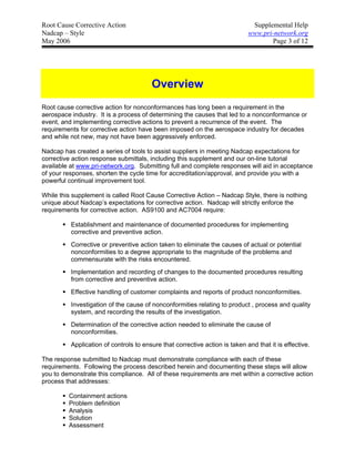 Root Cause Corrective Action                                                  Supplemental Help
Nadcap – Style                                                               www.pri-network.org
May 2006                                                                            Page 3 of 12




                                        Overview
Root cause corrective action for nonconformances has long been a requirement in the
aerospace industry. It is a process of determining the causes that led to a nonconformance or
event, and implementing corrective actions to prevent a recurrence of the event. The
requirements for corrective action have been imposed on the aerospace industry for decades
and while not new, may not have been aggressively enforced.

Nadcap has created a series of tools to assist suppliers in meeting Nadcap expectations for
corrective action response submittals, including this supplement and our on-line tutorial
available at www.pri-network.org. Submitting full and complete responses will aid in acceptance
of your responses, shorten the cycle time for accreditation/approval, and provide you with a
powerful continual improvement tool.

While this supplement is called Root Cause Corrective Action – Nadcap Style, there is nothing
unique about Nadcap’s expectations for corrective action. Nadcap will strictly enforce the
requirements for corrective action. AS9100 and AC7004 require:

          Establishment and maintenance of documented procedures for implementing
          corrective and preventive action.
          Corrective or preventive action taken to eliminate the causes of actual or potential
          nonconformities to a degree appropriate to the magnitude of the problems and
          commensurate with the risks encountered.
          Implementation and recording of changes to the documented procedures resulting
          from corrective and preventive action.
          Effective handling of customer complaints and reports of product nonconformities.
          Investigation of the cause of nonconformities relating to product , process and quality
          system, and recording the results of the investigation.
          Determination of the corrective action needed to eliminate the cause of
          nonconformities.
          Application of controls to ensure that corrective action is taken and that it is effective.

The response submitted to Nadcap must demonstrate compliance with each of these
requirements. Following the process described herein and documenting these steps will allow
you to demonstrate this compliance. All of these requirements are met within a corrective action
process that addresses:

         Containment actions
         Problem definition
         Analysis
         Solution
         Assessment
 