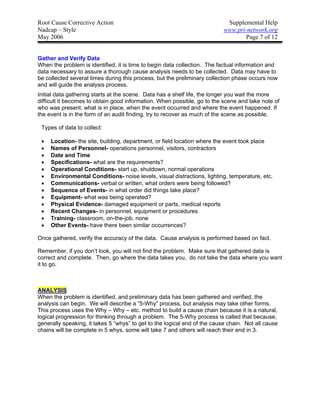 Root Cause Corrective Action                                                Supplemental Help
Nadcap – Style                                                             www.pri-network.org
May 2006                                                                          Page 7 of 12


Gather and Verify Data
When the problem is identified, it is time to begin data collection. The factual information and
data necessary to assure a thorough cause analysis needs to be collected. Data may have to
be collected several times during this process, but the preliminary collection phase occurs now
and will guide the analysis process.
Initial data gathering starts at the scene. Data has a shelf life, the longer you wait the more
difficult it becomes to obtain good information. When possible, go to the scene and take note of
who was present, what is in place, when the event occurred and where the event happened. If
the event is in the form of an audit finding, try to recover as much of the scene as possible.

 Types of data to collect:

 •   Location- the site, building, department, or field location where the event took place
 •   Names of Personnel- operations personnel, visitors, contractors
 •   Date and Time
 •   Specifications- what are the requirements?
 •   Operational Conditions- start up, shutdown, normal operations
 •   Environmental Conditions- noise levels, visual distractions, lighting, temperature, etc.
 •   Communications- verbal or written, what orders were being followed?
 •   Sequence of Events- in what order did things take place?
 •   Equipment- what was being operated?
 •   Physical Evidence- damaged equipment or parts, medical reports
 •   Recent Changes- in personnel, equipment or procedures
 •   Training- classroom, on-the-job, none
 •   Other Events- have there been similar occurrences?

Once gathered, verify the accuracy of the data. Cause analysis is performed based on fact.

Remember, if you don’t look, you will not find the problem. Make sure that gathered data is
correct and complete. Then, go where the data takes you, do not take the data where you want
it to go.



ANALYSIS
When the problem is identified, and preliminary data has been gathered and verified, the
analysis can begin. We will describe a “5-Why” process, but analysis may take other forms.
This process uses the Why – Why – etc. method to build a cause chain because it is a natural,
logical progression for thinking through a problem. The 5-Why process is called that because,
generally speaking, it takes 5 “whys” to get to the logical end of the cause chain. Not all cause
chains will be complete in 5 whys, some will take 7 and others will reach their end in 3.
 