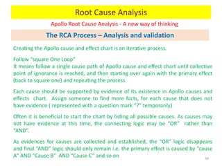 Apollo Root Cause Analysis - A new way of thinking
34
Root Cause Analysis
The RCA Process – Analysis and validation
Creating the Apollo cause and effect chart is an iterative process.
Follow “square One Loop”
It means follow a single cause path of Apollo cause and effect chart until collective
point of ignorance is reached, and then starting over again with the primary effect
(back to square one) and repeating the process
Each cause should be supported by evidence of its existence in Apollo causes and
effects chart. Assign someone to find more facts, for each cause that does not
have evidence ( represented with a question mark “?” temporarily)
Often it is beneficial to start the chart by listing all possible causes. As causes may
not have evidence at this time, the connecting logic may be “OR” rather than
“AND”.
As evidences for causes are collected and established, the “OR” logic disappears
and final “AND” logic should only remain i.e. the primary effect is caused by “cause
A” AND “Cause B” AND “Cause C” and so on
 