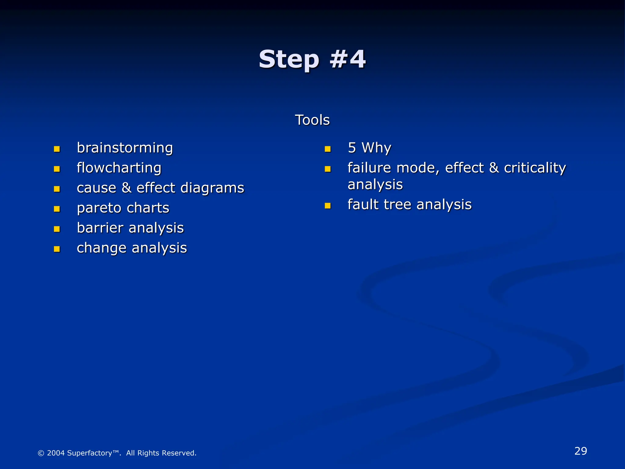 29
© 2004 Superfactory™. All Rights Reserved.
Step #4
Tools
 5 Why
 failure mode, effect & criticality
analysis
 fault tree analysis
 brainstorming
 flowcharting
 cause & effect diagrams
 pareto charts
 barrier analysis
 change analysis
 