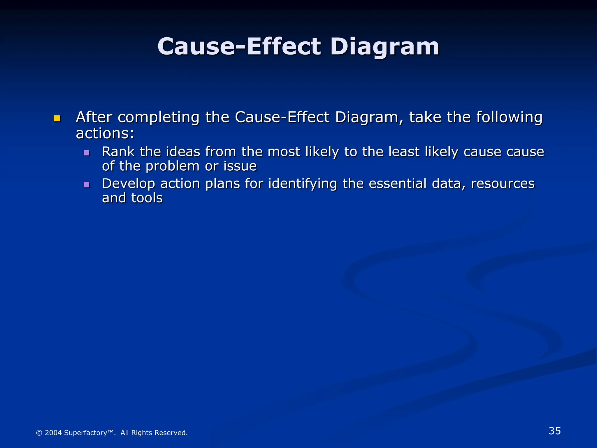 35
© 2004 Superfactory™. All Rights Reserved.
Cause-Effect Diagram
 After completing the Cause-Effect Diagram, take the following
actions:
 Rank the ideas from the most likely to the least likely cause cause
of the problem or issue
 Develop action plans for identifying the essential data, resources
and tools
 