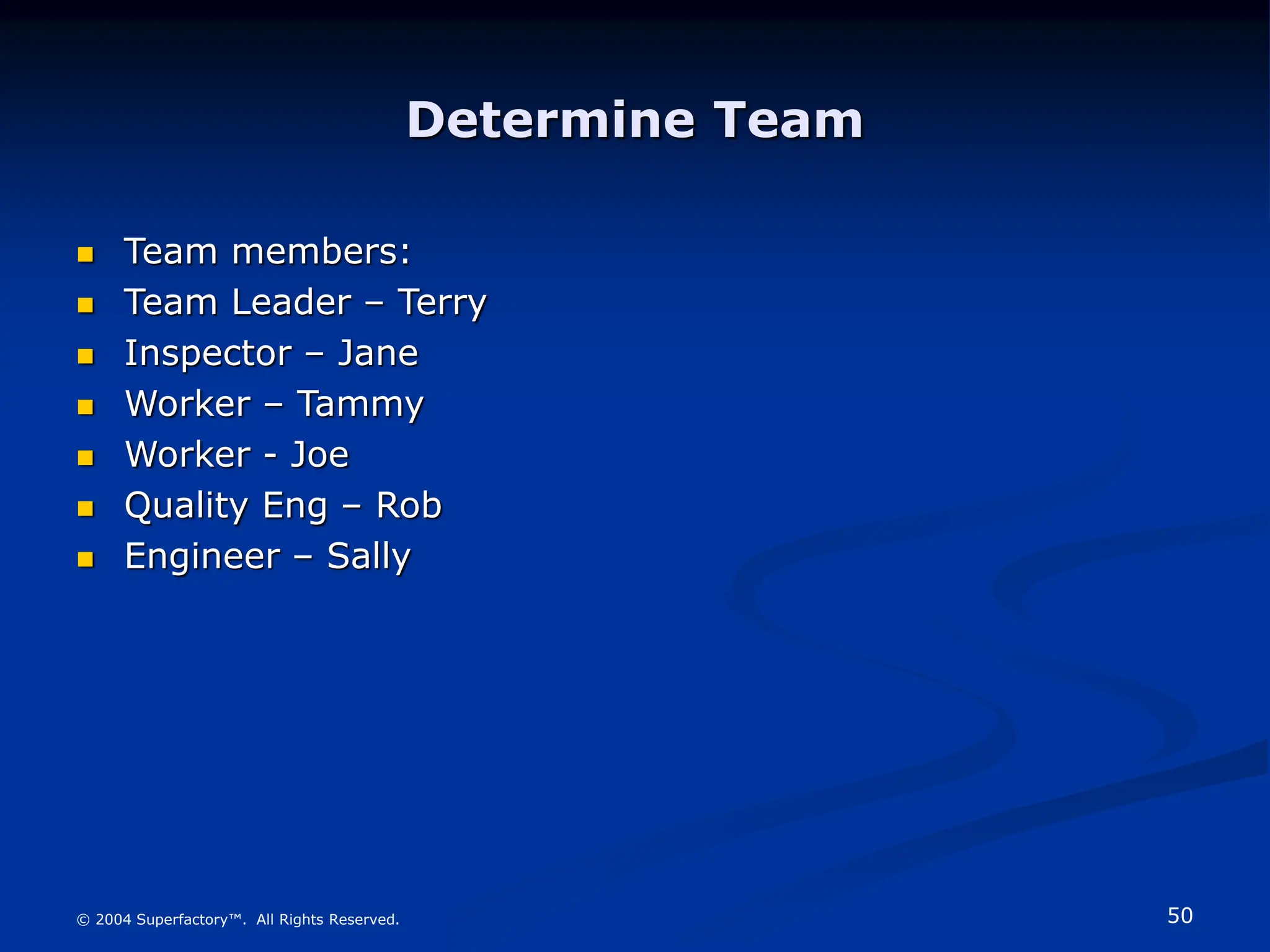 50
© 2004 Superfactory™. All Rights Reserved.
Determine Team
 Team members:
 Team Leader – Terry
 Inspector – Jane
 Worker – Tammy
 Worker - Joe
 Quality Eng – Rob
 Engineer – Sally
 