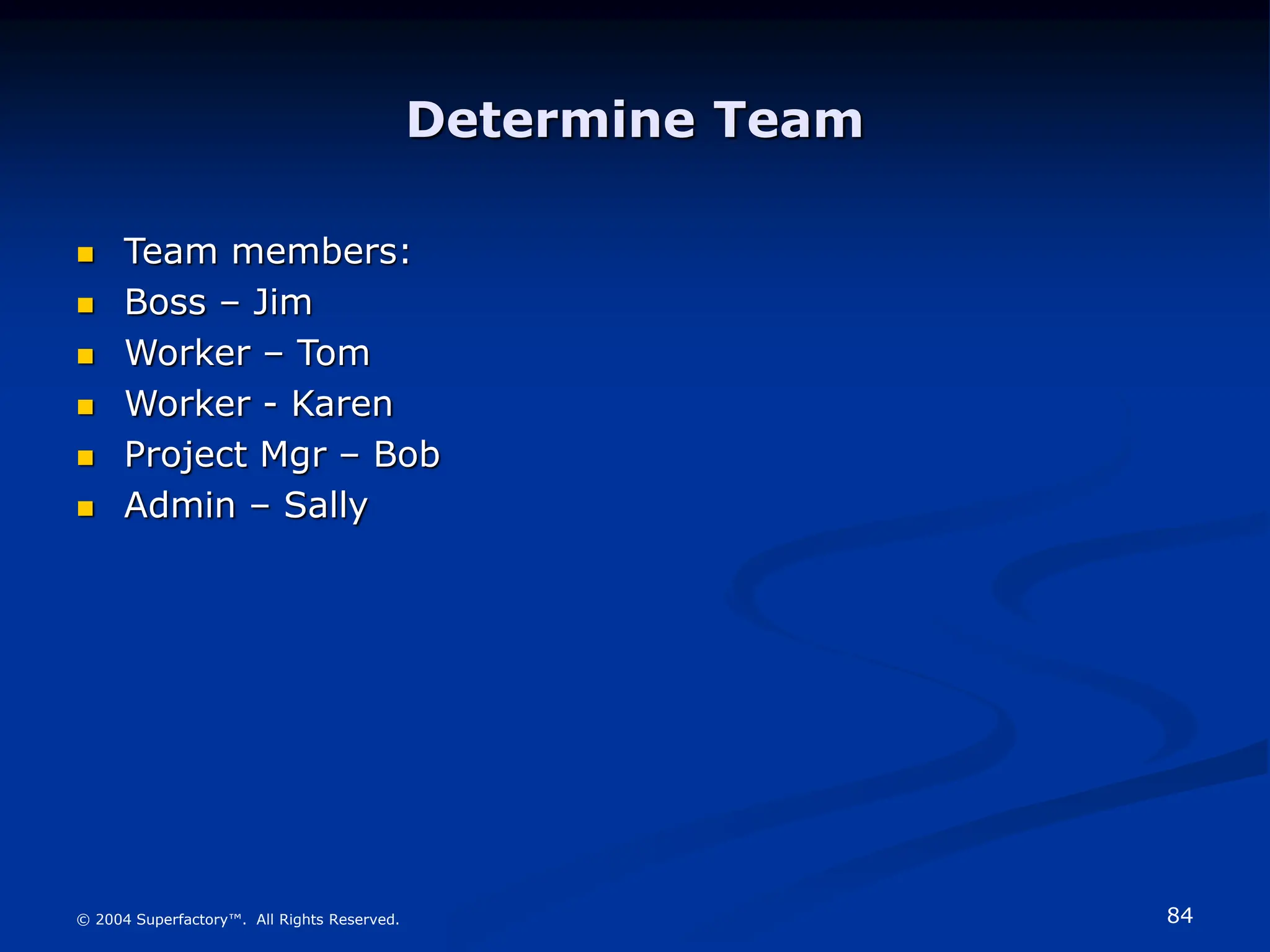84
© 2004 Superfactory™. All Rights Reserved.
Determine Team
 Team members:
 Boss – Jim
 Worker – Tom
 Worker - Karen
 Project Mgr – Bob
 Admin – Sally
 