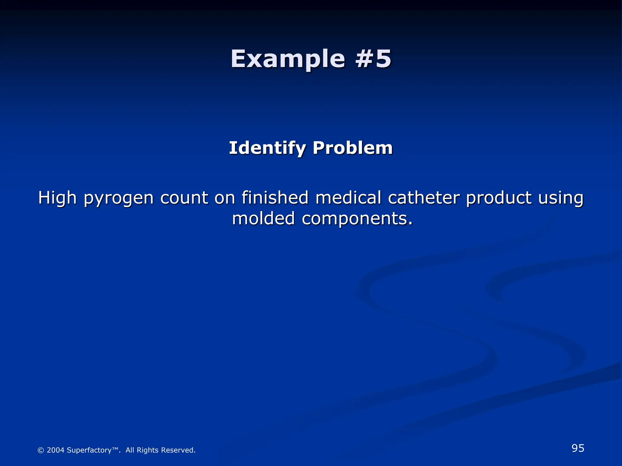 95
© 2004 Superfactory™. All Rights Reserved.
Example #5
Identify Problem
High pyrogen count on finished medical catheter product using
molded components.
 