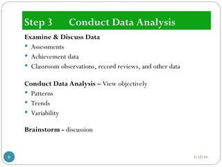 Step 3 Conduct Data Analysis
Examine & Discuss Data
 Assessments
 Achievement data
 Classroom observations, record reviews, and other data
Conduct Data Analysis – View objectively
 Patterns
 Trends
 Variability
Brainstorm - discussion
3/17/11
9
 