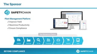 The Sponsor
✔Improve Yield
✔Maximize Productivity
✔Ensure Compliance
Plant Management Platform
BEYOND COMPLIANCE
 