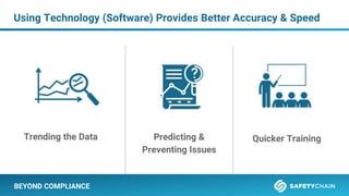 BEYOND COMPLIANCE
Using Technology (Software) Provides Better Accuracy & Speed
Quicker Training
Predicting &
Preventing Issues
Trending the Data
 