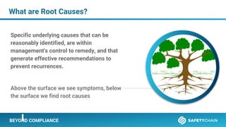 BEYOND COMPLIANCE
What are Root Causes?
Specific underlying causes that can be
reasonably identified, are within
management's control to remedy, and that
generate effective recommendations to
prevent recurrences.
Above the surface we see symptoms, below
the surface we find root causes
 
