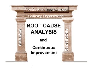 Continuous Improvement
           Learning Organization

          ROOT CAUSE
SYSTEMS




                                   PROCESSES
SYSTEMS




                                   PROCESSES
           ANALYSIS
                 and
              Continuous
             Improvement


            1
 