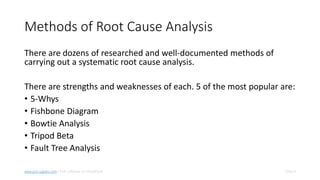 Slide 4www.pro-sapien.com • EHS software on SharePoint
Methods of Root Cause Analysis
There are dozens of researched and well-documented methods of
carrying out a systematic root cause analysis.
There are strengths and weaknesses of each. 5 of the most popular are:
• 5-Whys
• Fishbone Diagram
• Bowtie Analysis
• Tripod Beta
• Fault Tree Analysis
 