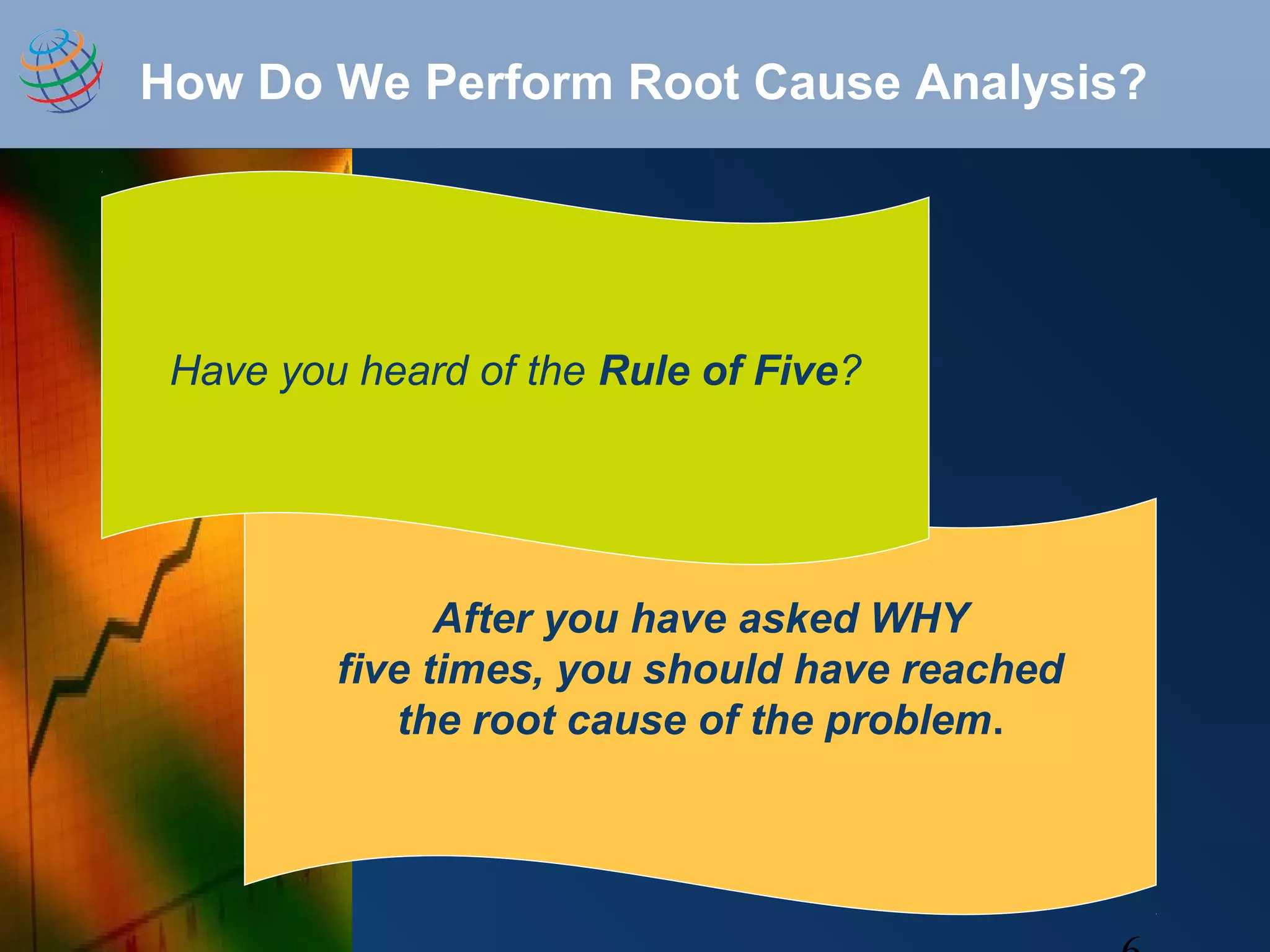 How Do We Perform Root Cause Analysis?
After you have asked WHY
five times, you should have reached
the root cause of the problem.
Have you heard of the Rule of Five?
 