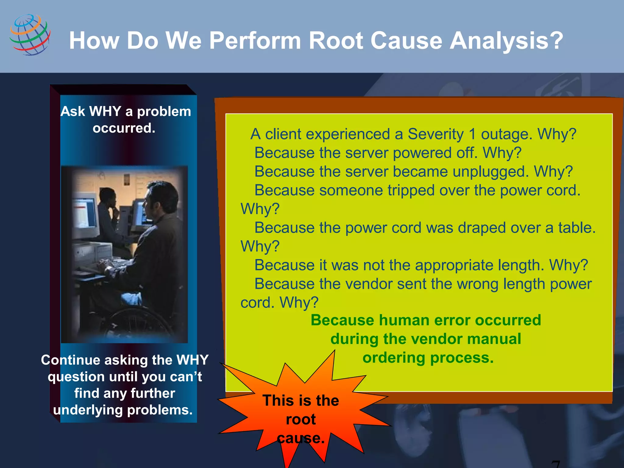 How Do We Perform Root Cause Analysis?
Continue asking the WHY
question until you can’t
find any further
underlying problems.
Ask WHY a problem
occurred. A client experienced a Severity 1 outage. Why?
Because the server powered off. Why?
Because the server became unplugged. Why?
Because someone tripped over the power cord.
Why?
Because the power cord was draped over a table.
Why?
Because it was not the appropriate length. Why?
Because the vendor sent the wrong length power
cord. Why?
Because human error occurred
during the vendor manual
ordering process.
This is the
root
cause.
 