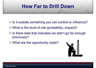 How Far to Drill Down


          Is it outside something you can control or influence?
          What is the level of risk (probability, impact)?
          Is there data that indicates we didn’t go far enough
          previously?
          What are the opportunity costs?




©2011 Duke Okes
 