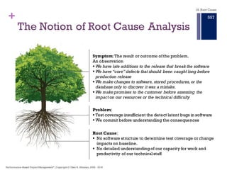 + Some sources of Guidance for Root
Cause Analysis†
§2.4.5.1 Event Management – is the process that monitors all events
that occur through the IT infrastructure to allow for normal operation
and also to detect and escalate exception conditions.
§2.4.5.2 Incident Management – concentrates on restoring the
service to users as quickly as possible, in order to minimize business
impact.
§2.4.5.3 Problem Management – involves root–cause analysis to
determine and resolve the cause of events and incidents, proactive
activities to detect and prevent future problems/incidents and a
Known Error sub process to allow quicker diagnosis and resolution if
further incidents do occur.
† §2.4.5. Processes within Service Operation, ITIL V3 Service Operation
18. Root Cause
Performance–Based Project Management®, Copyright © Glen B. Alleman, 2002 ― 2016
851
 