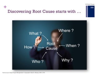 +
n The cause of a system defect
or failure needs to be
identified so the cause can be
eliminated in the future.
n The symptom and problem are
recurring
n There are repeated failures
ascribed to human error,
process errors, technical
failures.
n To review every incident or
system failure
n Only symptoms, failures, and
incidents that impact business
functions, Service Level
Agreements, maintenance,
operations, security, and
integrity of the system in the
future.
n When the reason for the failure
is obvious
n If it is obvious – fix it.
n Use RCA When … n Do Not Use RCA …
Do’s and Don’ts of Root Cause
Analysis
18. Root Cause
Performance–Based Project Management®, Copyright © Glen B. Alleman, 2002 ― 2016
853
 