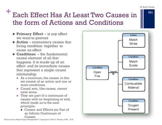 + The Apollo Principles
n Cause and Effect are the same thing
n If we look closely at cause and effect, we see that a “cause” and an
“effect” are the same thing.
n A single thing may be both a cause and an effect.
n They differ only by how we perceive them in time.
n Each effect has at least two causes in the form of actions and
conditions.
n This is the most important and overlooked principle of causation.
n Unlike storytelling used to capture the Fishbone style charts, which
focuses on linear action causes, reality demands that each effect have at
least one action cause and one or more conditional causes.
18. Root Cause
Performance–Based Project Management®, Copyright © Glen B. Alleman, 2002 ― 2016
875
 