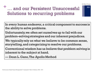 + A Simple Perspective of Problem
Solving
n Every Problem in our lives
has three basic elements
connected through
causality.
n Each Effect, has at least two
causes:
n An Action
n A Condition
847
Effect
Condition
Cause
Action
Cause
This Cause and Effect relationship is the core principle of
effective problem solving
18. Root Cause
Performance–Based Project Management®, Copyright © Glen B. Alleman, 2002 ― 2016
 
