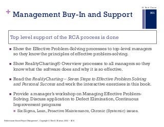 +
n Show the Effective Problem-Solving processes to top-level managers
so they know the principles of effective problem-solving.
n Show RealityCharting® Overview processes to all managers so they
know what the software does and why it is so effective.
n Read the RealityCharting – Seven Steps to Effective Problem Solving
and Personal Success and work the interactive exercises in this book.
n Provide a manager’s workshop on Managing Effective Problem-
Solving. Discuss application to Defect Elimination, Continuous
Improvement programs
n Six Sigma, Lean, Proactive Maintenance, Chronic (Systemic) issues.
Top level support of the RCA process is done
Management Buy-In and Support
18. Root Cause
Performance–Based Project Management®, Copyright © Glen B. Alleman, 2002 ― 2016
901
 