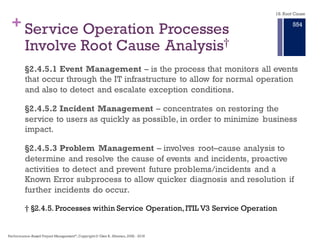 +
18.1 Beyond the
Conventional
Wisdom of
Problem
Solving
Original Quote from George Bernard
Shaw
In Apollo Root Cause Analysis: Effective
Solutions to Everyday Problems,Every
Time, Dean L. Gano
The common approach to problem
solving is to categorize causes or
identify causal factors and look for
root causes within the categories.
Categorization schemes do not reveal
the cause and effect relationships
needed to find effective solutions.
It is the effective solution we are after.
18. Root Cause
Performance–Based Project Management®, Copyright © Glen B. Alleman, 2002 ― 2016
848
Ignorance is a most wonderful thing.
It facilitates magic.
It allows the masses to be led.
It provides answers when there are none.
It allows happiness in the presence of
danger.
All this, while the pursuit of knowledge
can only destroy the illusion. It is any
wonder mankind chooses ignorance?
 
