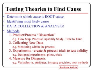 Testing Theories to Find Cause Determine which cause is ROOT cause Identifying most likely cause DATA COLLECTION & ANALYSIS! Methods 1. Product/Process “Dissection” e.g. Flow Map, Process Capability Study, Time to Time  2. Collecting New Data e.g. Measuring within the process 3. Experiments - create & process trials to test validity e.g. Designed experiments, pilots, trials 4. Measure for Diagnosis e.g. Variables vs. attributes, increase precision, new methods 