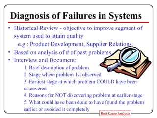 Diagnosis of Failures in Systems Historical Review - objective to improve segment of system used to attain quality e.g.: Product Development, Supplier Relations Based on analysis of # of past problems Interview and Document: 1. Brief description of problem 2. Stage where problem 1st observed 3. Earliest stage at which problem COULD have been discovered 4. Reasons for NOT discovering problem at earlier stage 5. What could have been done to have found the problem earlier or avoided it completely 