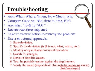 Troubleshooting Ask: What, Where, When, How Much, Who Compare Good vs. Bad, time to time, ETC. Ask what “IS & IS NOT” Reconstruct time sequence Take corrective action to remedy the problem Use a structured approach: 1. State deviation. 2. Specify the deviation (is & is not, what, where, etc.). 3. Identify unique characteristics of deviation. 4. Search for changes. 5. Develop possible causes. 6. Test the possible causes against the requirement. 7. Verify the cause (duplicate or eliminate by removing cause). 
