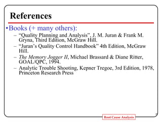 References Books (+ many others): “ Quality Planning and Analysis”, J. M. Juran & Frank M. Gryna, Third Edition, McGraw Hill. “ Juran’s Quality Control Handbook” 4th Edition, McGraw Hill. The Memory Jogger II , Michael Brassard & Diane Ritter, GOAL/QPC, 1994. Analytic Trouble Shooting, Kepner Tregoe, 3rd Edition, 1978, Princeton Research Press 