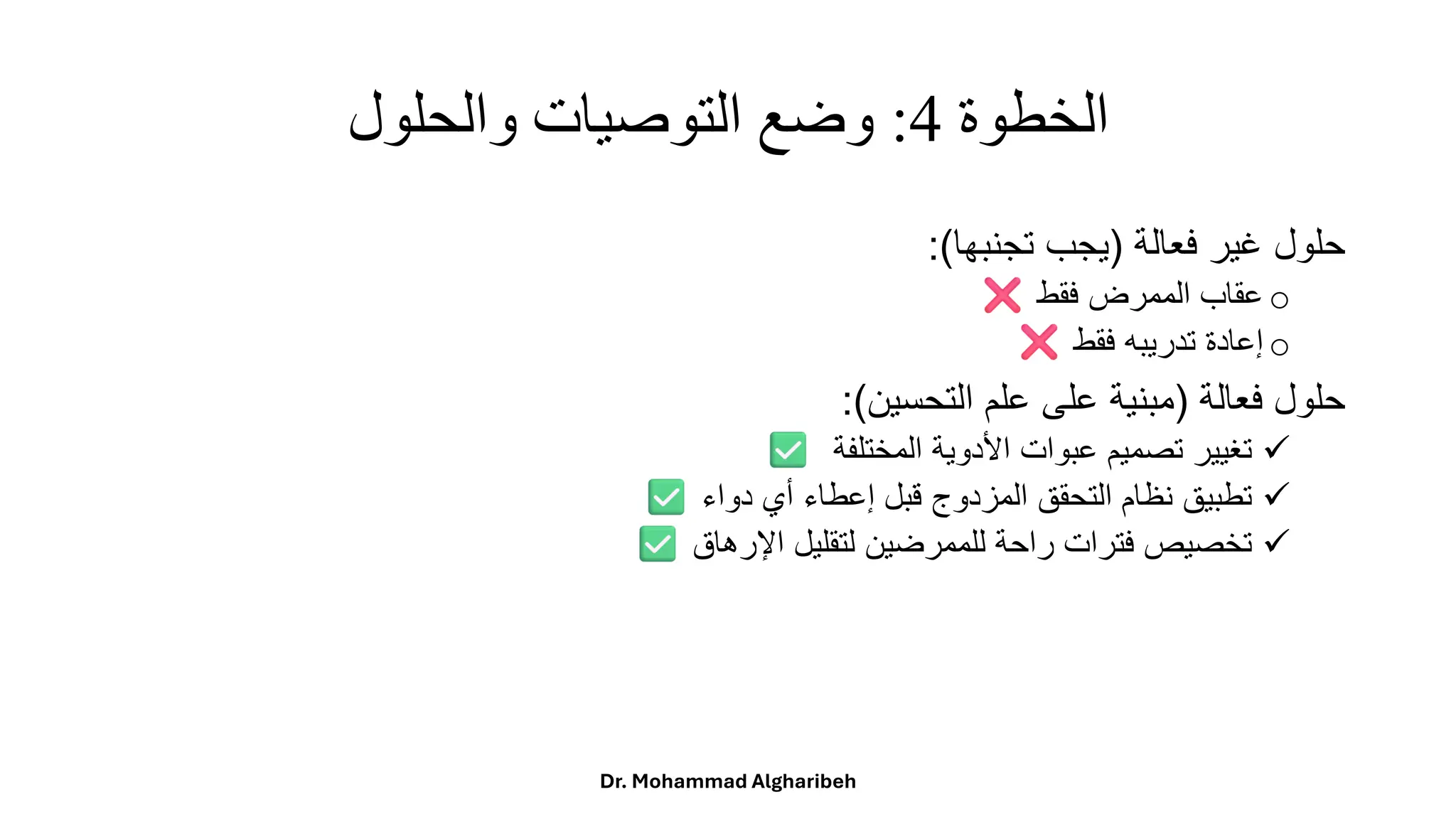 ‫الخطوة‬
4
:
‫والحلول‬ ‫التوصيات‬ ‫وضع‬
‫حلول‬
‫غير‬
‫فعالة‬
(
‫يجب‬
‫تجنبها‬
)
:
o
‫عقاب‬
‫الممرض‬
‫فقط‬
o
‫إعادة‬
‫تدريبه‬
‫فقط‬
‫حلول‬
‫فعالة‬
(
‫مبنية‬
‫على‬
‫علم‬
‫التحسين‬
)
:
✓
‫تغيير‬
‫تصميم‬
‫عبوات‬
‫األدوية‬
‫المختلفة‬
✓
‫تطبيق‬
‫نظام‬
‫التحقق‬
‫المزدوج‬
‫قبل‬
‫إعطاء‬
‫أي‬
‫دواء‬
✓
‫تخصيص‬
‫فترات‬
‫راحة‬
‫للممرضين‬
‫لتقليل‬
‫اإلرهاق‬
Dr. Mohammad Algharibeh
 