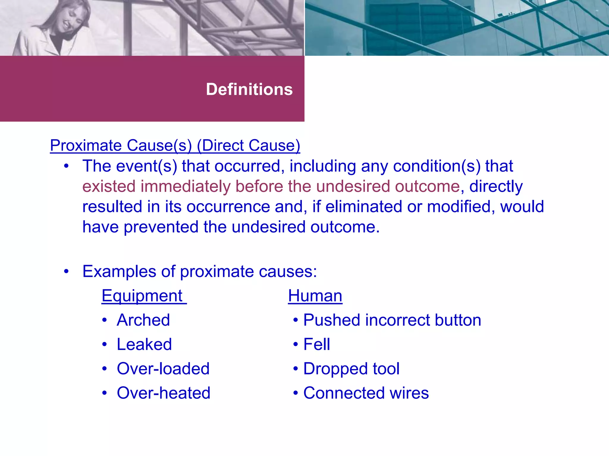 Definitions 
Proximate Cause(s) (Direct Cause) 
• The event(s) that occurred, including any condition(s) that 
existed immediately before the undesired outcome, directly 
resulted in its occurrence and, if eliminated or modified, would 
have prevented the undesired outcome. 
• Examples of proximate causes: 
Equipment Human 
• Arched • Pushed incorrect button 
• Leaked • Fell 
• Over-loaded • Dropped tool 
• Over-heated • Connected wires 
 
