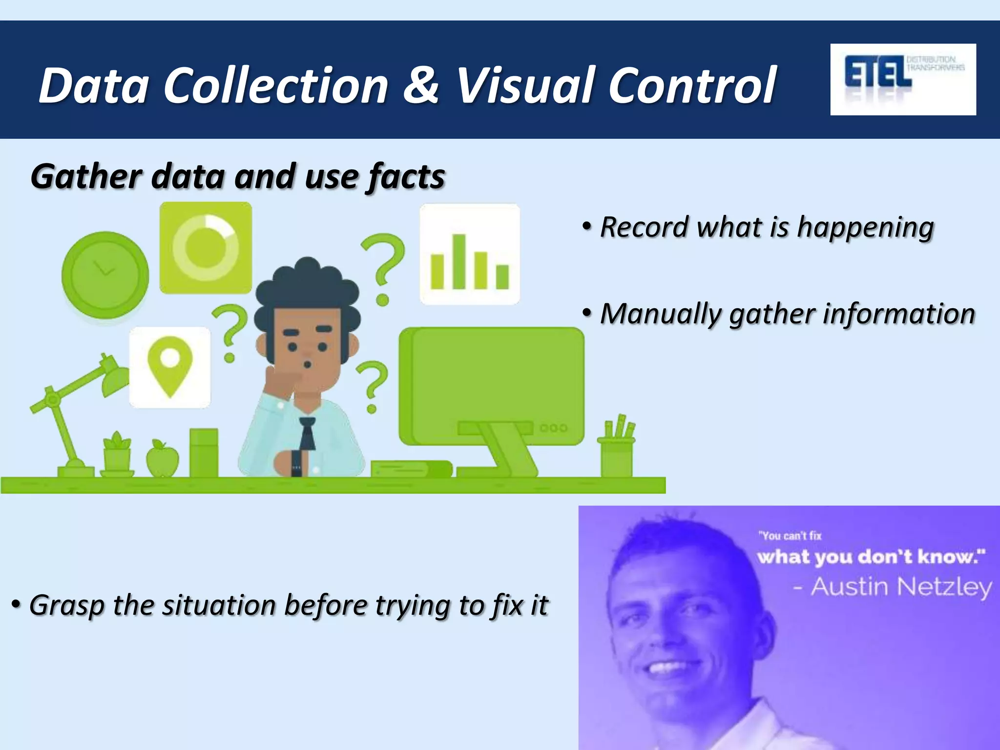 Gather data and use facts
• Record what is happening
• Manually gather information
• Grasp the situation before trying to fix it
Data Collection & Visual Control
 